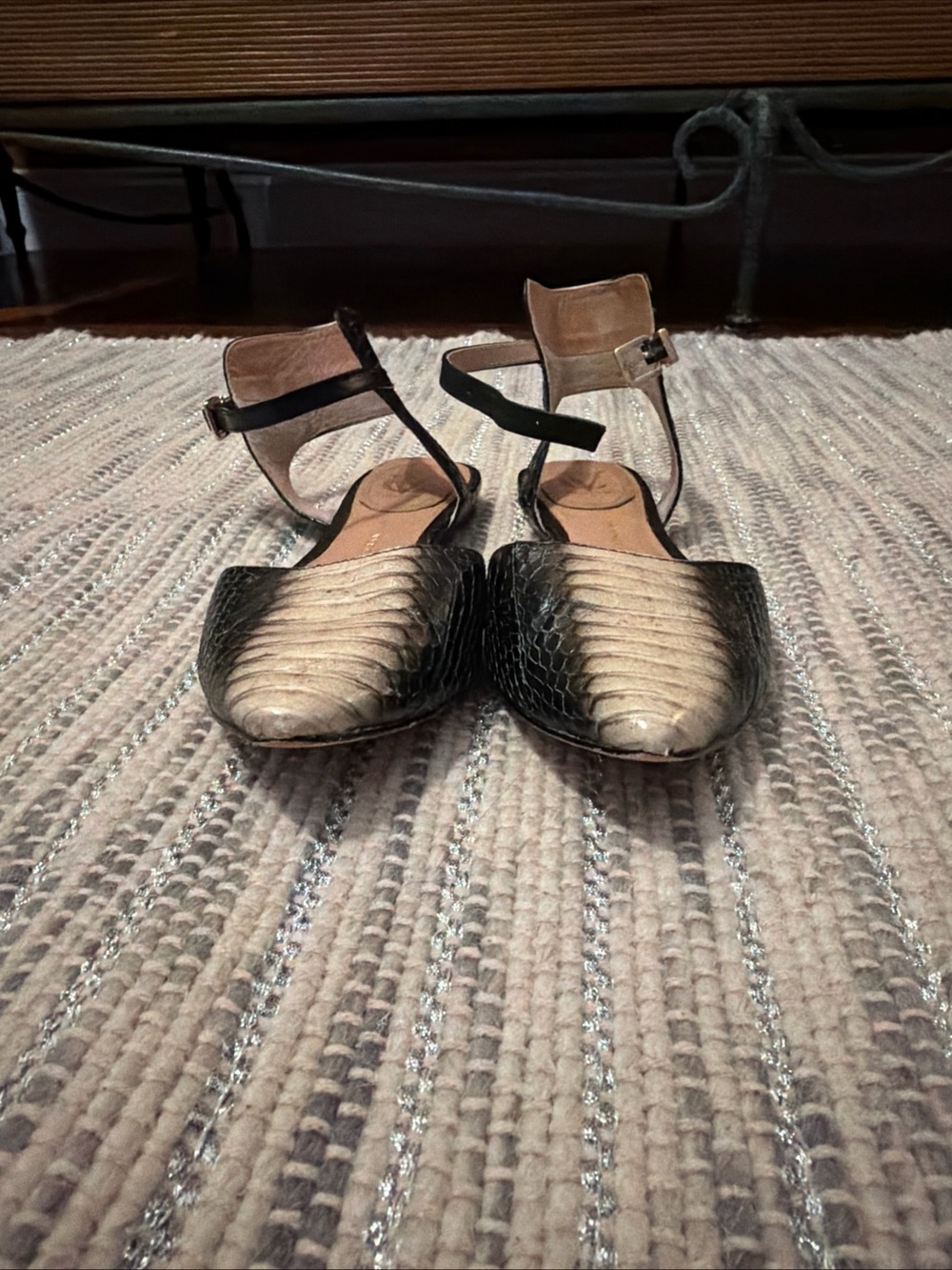 Vince Camuto Gold and Black Textured Ankle-Strap Flats